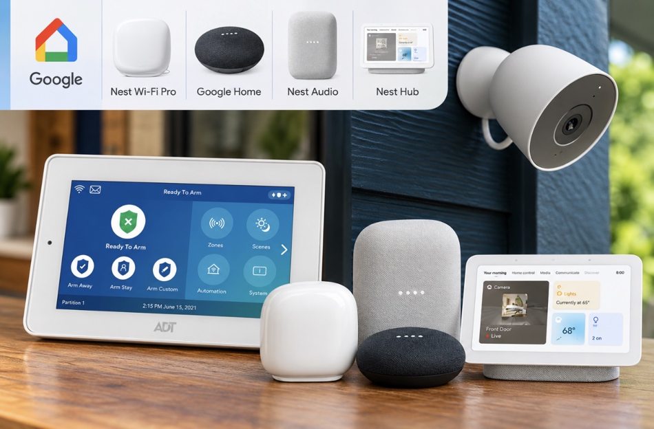 ADT security touchscreen and Google smart home devices